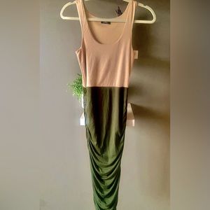 VENUS ruched sleeveless cream and gold midi-dress